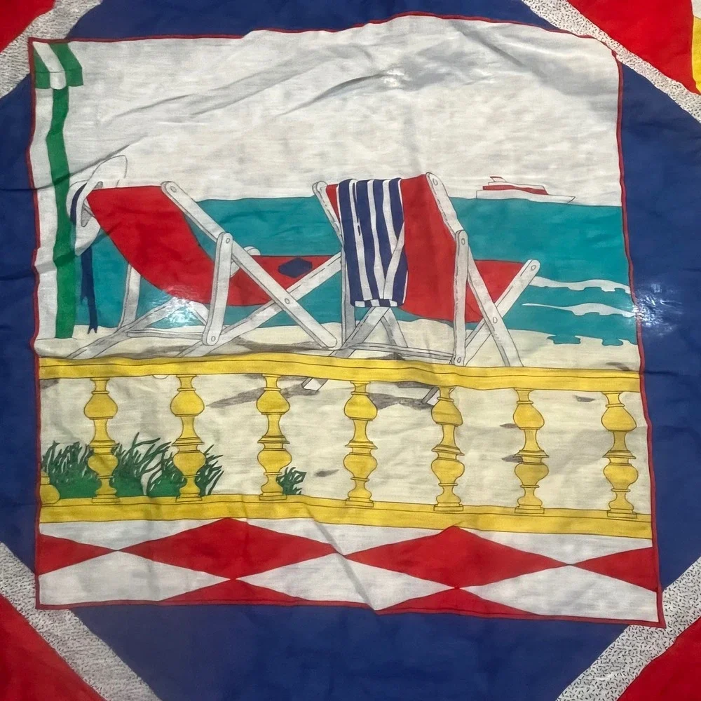 Ginnie Johansen Vintage‎ Beach Scene Square Scarf Red Blue Yellow 32x31